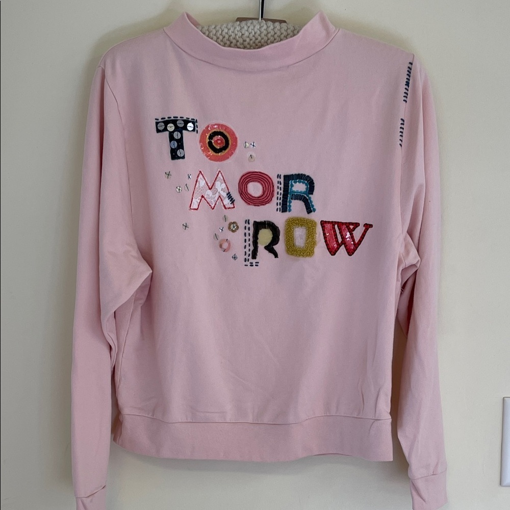 Anthropologie Sundry Tomorrow Pink Embellished Cotton Sweatshirt Medium GUC